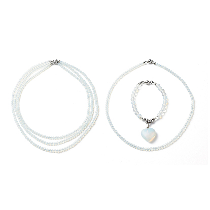 2 piezas 2 conjunto de collares con colgante de corazón de opalita estilo, collares de múltiples hebras de triple capa con cuentas redondas con cierre magnético de latón para mujeres