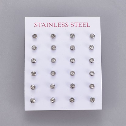 304 Stainless Steel Rhinestone Stud Earrings, with Ear Nuts/Earring Back, Flat Round