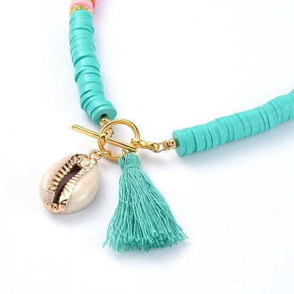 Colliers de perles de heishi en pâte polymère faits à la main, avec des pendentifs à pampilles en fil de coton et des pendentifs en coquillage cauris naturel