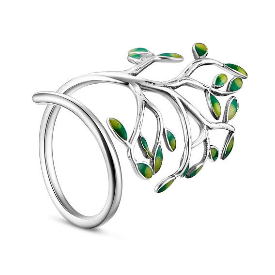 SHEGRACE Stylish 925 Sterling Silver Ring, Cuff Rings, Open Rings, with Enamel Tree, 18mm