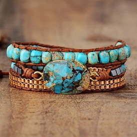 Bohemian Style Turquoise Bracelet - Handmade Leather Cord Wrap Bracelet, 3 Layers.