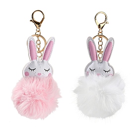 Cute Rabbit PU Leather & Imitate Rex Rabbit Fur Ball Keychain, with Alloy Clasp, for Bag Car Key Decoration