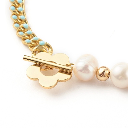 Brass Enamel Curb Chain Necklaces, with Round Natural Pearl Beads and Toggle Clasps, Real 18K Gold Plated