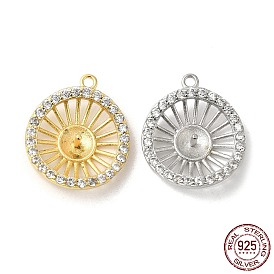 Rhodium Plated 925 Sterling Silver Peg Bail Pendants, with Cubic Zirconia & S925 Stamp, Hollow Flat Round Charm, for Half Drilled Beads