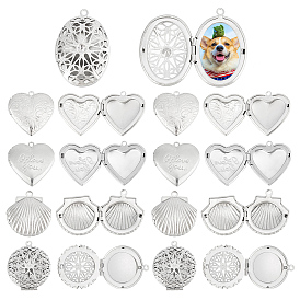 BENECREAT 20Pcs 5 Style 316 Stainless Steel Locket Pendants, Photo Frame Charms for Necklaces, Heart