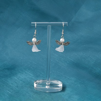 Lovely Wedding Dress Angel Dangle Earrings, with Tibetan Style Beads, Glass Pearl Beads, Transparent Acrylic Beads and Brass Earring Hooks, 40mm