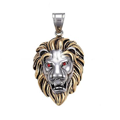 304 Stainless Steel Pendants, with Rhinestone, Lion Head, Antique Silver & Antique Golden