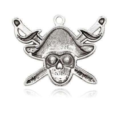 Pirate Style Skull Antique Silver Plated Alloy Enamel Rhinestone Pendants, 34x45x6mm, Hole: 2.5mm