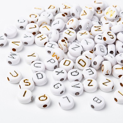 Plating Acrylic Beads, Metal Enlaced, Mixed Letters, Flat Round