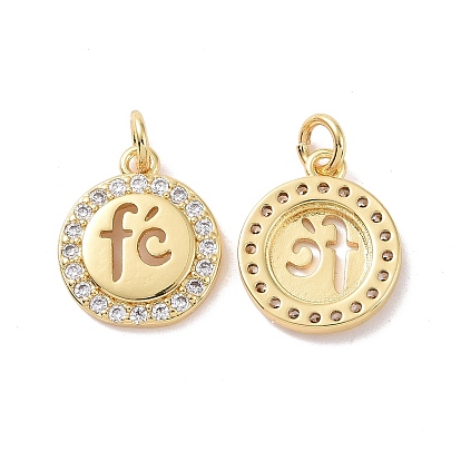 Rack Plating Brass Micro Pave Clear Cubic Zirconia Pendants, with Jump Ring, Cadmium Free & Lead Free, Long-Lasting Plated, Flat Round with Word Fe