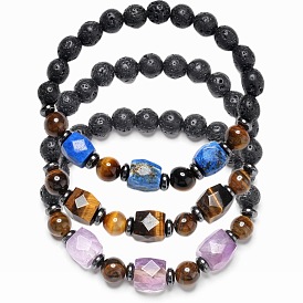 Geometric Tiger Eye Stone Bracelet with Elastic Lava Beads - Fashionable Unisex Accessory