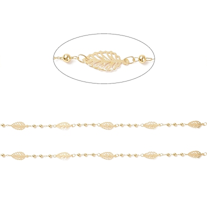Brass Leaf Link Chains, with Round Beaded, Soldered, with Spools, Cadmium Free & Lead Free