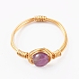 Natural & Synthetic Gemstone Finger Rings, with Golden Copper Wire and Cardboard  Box, Flat Round