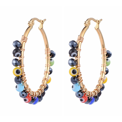 Beaded Big Hoop Earrings, with Evil Eye Lampwork Beads, Glass Beads and Golden Plated 304 Stainless Steel Hoop Earrings