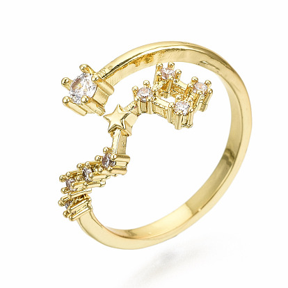 Latón micro pavé claro anillos de brazalete de circonio cúbico, anillos abiertos, sin níquel, 12 constelación / signo del zodiaco, real 16 k chapado en oro