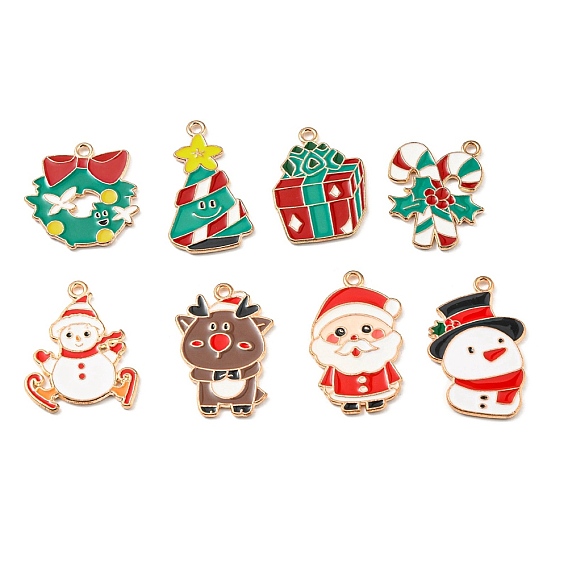 Alloy Enamel Pendants, Christmas Theme, Light Gold, Deer/Tree/Santa Claus/Snowman/Gift Box/Wreath
