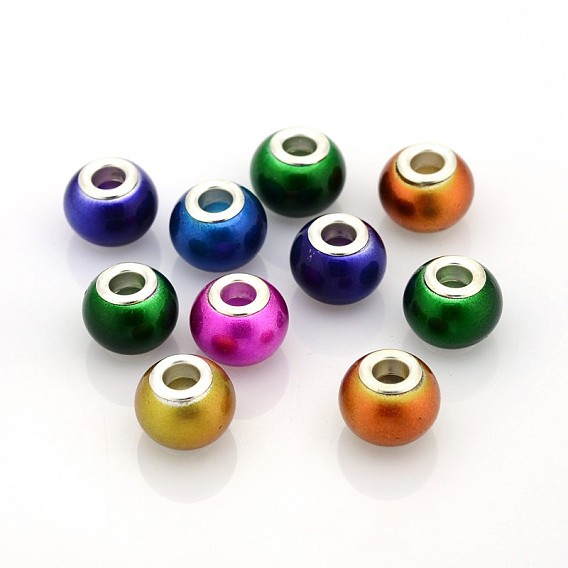 Spray Painted Glass European Beads, Large Hole Rondelle Beads, with Brass Cores, 14x11mm, Hole: 5mm