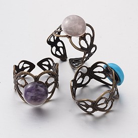 Adjustable Gemstone Wide Band Cuff Rings, Open Rings, with Antique Bronze Plated Brass Findings, 16mm