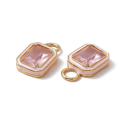Colgantes rectangulares de cristal rosa, con fornituras de latón enchapadas en oro real 18k y esmalte, sin cadmio y sin plomo y sin níquel