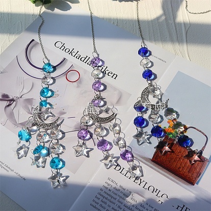 Alloy Big Pendant Decorations, Moon Hanging Sun Catchers, K9 Crystal Glass, with Iron Findings, for Garden, Wedding, Lighting Ornament