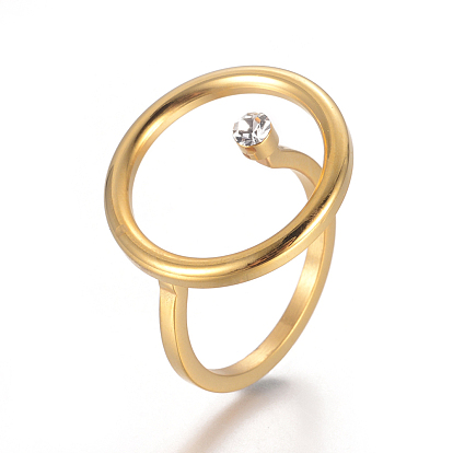 304 hueca de acero inoxidable anillos de dedo, con diamante de imitación, plano y redondo