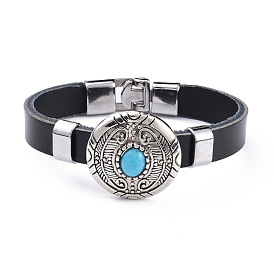 PU Leather Cord Bracelets, with Enamel and Synthetic Turquoise, Alloy Findings, Flat Round