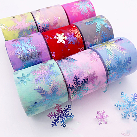 25 Yards Christmas Polyester Deco Mesh Ribbon, Hot Stamping Snowflake Tulle Fabric, for Bowknot Making