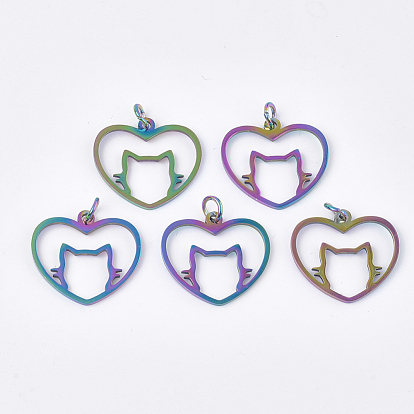 Ion Plating(IP) 201 Stainless Steel Filigree Kitten Pendants, with Jump Rings, Heart with Cat Shape