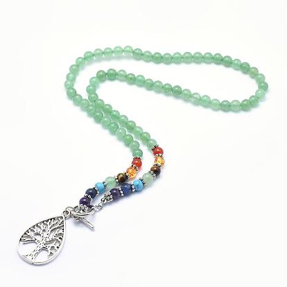 De style tibétain colliers pendants d'alliage, avec des perles de pierres gemmes naturelles et des fermoirs à bascule, goutte d'eau avec arbre
