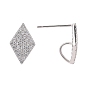 925 Sterling Silver Stud Earring Findings, with Micro Pave Cubic Zirconia, Bar Links and Ice Pick Pinch Bail, Rhombus