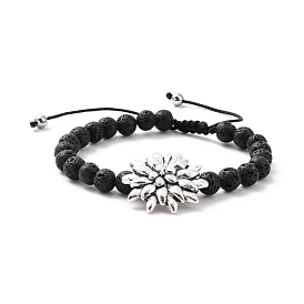 Bracelet de perles tressées en pierre de lave naturelle et hématite synthétique avec lotus en alliage, bijoux de pierres précieuses d'huile essentielle pour les femmes