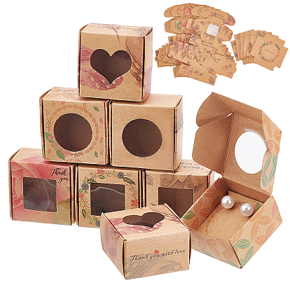 PandaHall Elite 48Pcs 6 Style Square Foldable Creative Kraft Paper Gift Boxes, Jewelry Boxes, with Clear Window