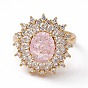 Bague réglable ovale en verre rose avec zircons cubiques, bijoux en laiton pour femmes