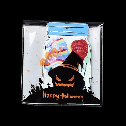 Bolsa de plástico para hornear con tema de halloween, con autoadhesivo, para chocolate, caramelo, galletas, cuadrado con calabaza/casa