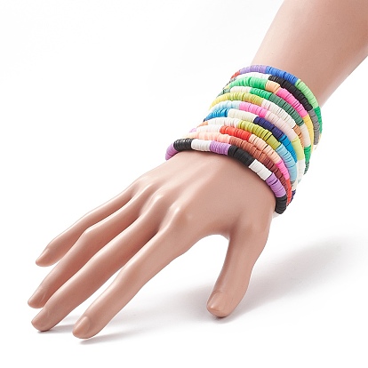 11 pcs 11 ensemble de bracelets extensibles de surfeur de disque d'argile polymère faits à la main de couleur, bracelets empilables preppy pour femmes