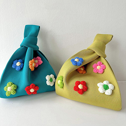 Polyester 3D Flower Knitted Tote Bags, Cartoon Crochet Handbags for Women