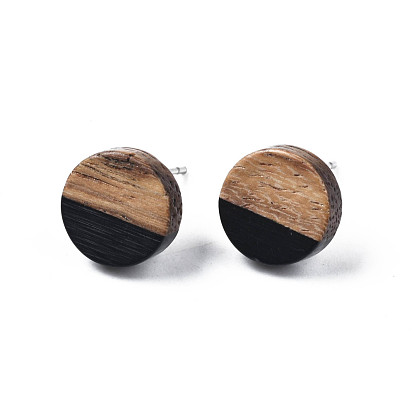 Opaque Resin & Walnut Wood Stud Earrings, with 316 Stainless Steel Pins, Flat Round