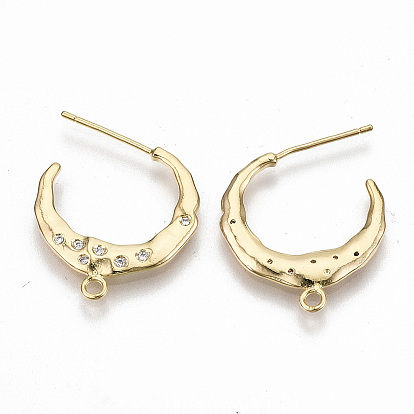Brass Stud Earring Findings, Half Hoop Earrings, with Loop & Cubic Zirconia, Nickel Free