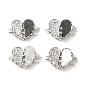 Brass Micro Pave Clear Cubic Zirconia Connector Charms, with Shell, Heart Shaped Wing Links, Real Platinum Plated