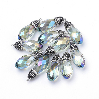 Colgantes de cristal electroplate, con fornituras de diamantes de imitación y de hierro, facetados, Platino, gota