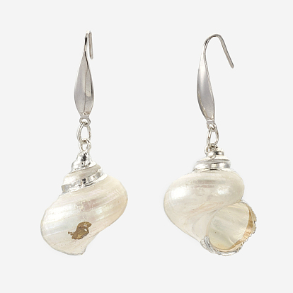 Electroplate Shell Beads Dangle Earrings, with 304 Stainless Steel Finding