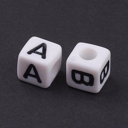 Perles de lettre de trou horizontal acrylique, mélange de lettres de A à Z, cube, 8x8x8mm, Trou: 4mm