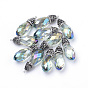 Colgantes de cristal electroplate, con fornituras de diamantes de imitación y de hierro, facetados, Platino, gota