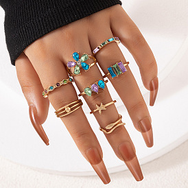 Geometric Snake Shell Flower Ring Set with Colorful Diamonds for Women - 8 Pieces