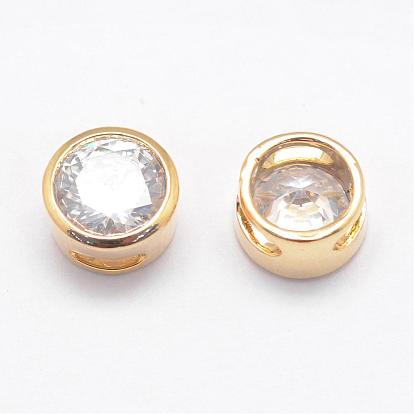 Real Light Gold Plated Brass Cubic Zirconia Flat Round Charms, Nickel Free, 8x5mm, Hole: 4x1mm