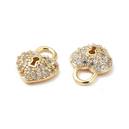Brass Micro Pave Cubic Zirconia Charms, Real 18K Gold Plated, Heart Lock Charm