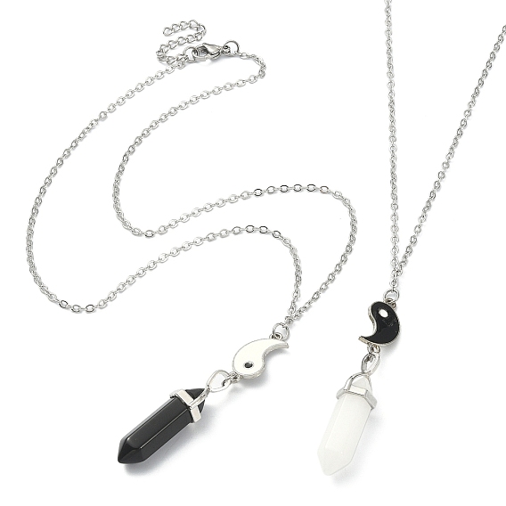 2 piezas 2 conjunto de collares con colgante de bala de jade blanco y obsidiana negra natural de estilo, Collares de pareja de aleación para amantes de los mejores amigos.