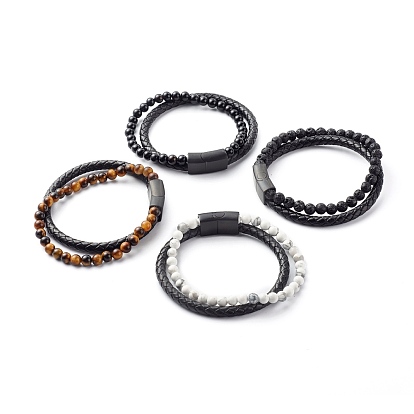 Natural Mixed Stone Round Beads Multi-strand Bracelets, with Braided Cowhide Leather