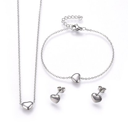 304 définit bijoux en acier inoxydable, colliers, boucles d'oreilles et bracelets, cœur
