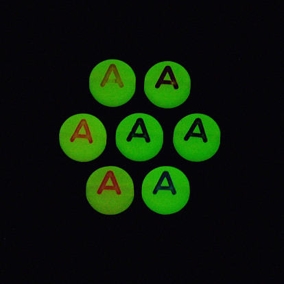 Acrylic Beads, Glow in the Dark, with Enamel and Luminous, Horizontal Hole, Flat Round with Alphabet